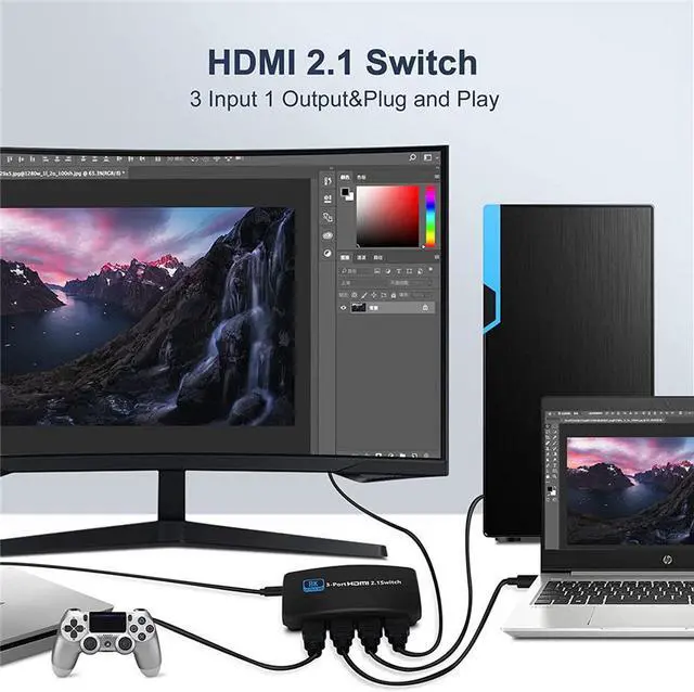 Alt view image 6 of 7 - HDMI 2.1 Switch 8K@60Hz 4K@120Hz 3 in 1 Out HDMI Switcher with Remote Support 48Gbps, HDR10, HDCP2.3, Dolby Vision/ Atmos Compatible with Xbox PS5 Projectors Monitors