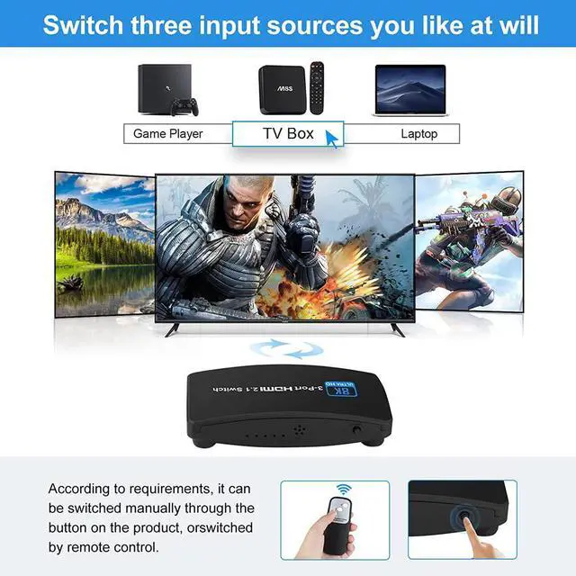 Alt view image 5 of 7 - HDMI 2.1 Switch 8K, 4K@120Hz/8K@60Hz HDMI Switcher with Remote Control, 3 in 1 Out, HDCP2.3 YUV 4:4:4/RGB 4:4:4(Dolby Vision/Atmos),Dynamic HDR ,VRR for PS5/PS4/Xbox/Roku/Apple TV