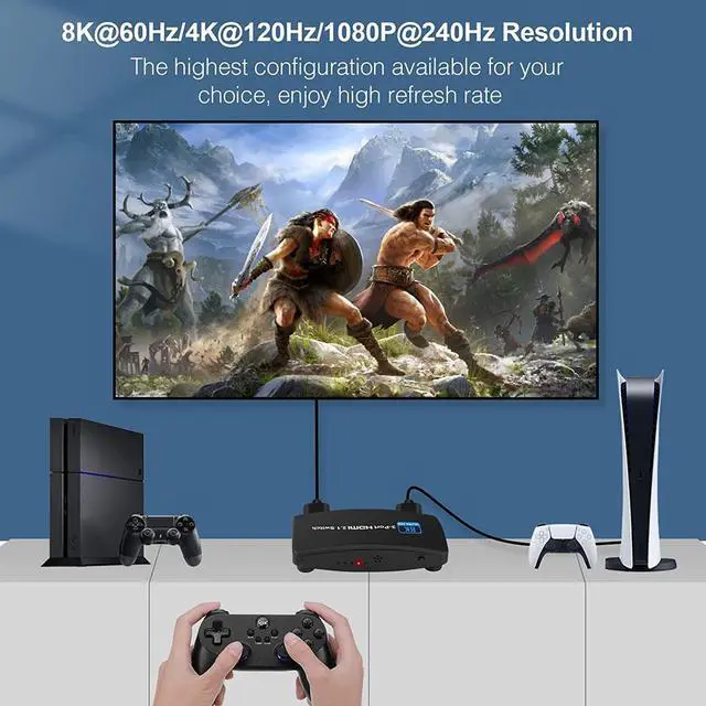 Alt view image 7 of 7 - HDMI 2.1 Switch 8K, 4K@120Hz/8K@60Hz HDMI Switcher with Remote Control, 3 in 1 Out, HDCP2.3 YUV 4:4:4/RGB 4:4:4(Dolby Vision/Atmos),Dynamic HDR ,VRR for PS5/PS4/Xbox/Roku/Apple TV