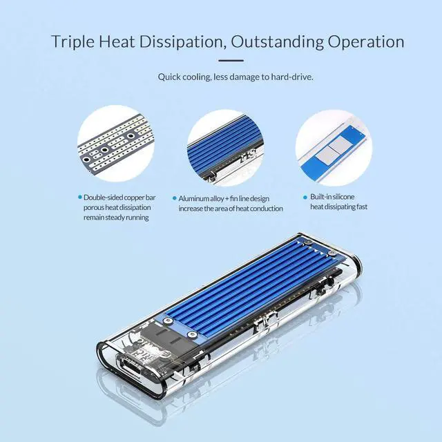 Alt view image 3 of 7 - WRIARICH M.2 SSD Enclosure USB 3.1 USB C to NVMe M.2 Adapter Transparent USB 3.1 Type C Gen 2 10Gbps to M-Key Hard Drive Caddy External Case for 2230/2242/2260/2280 Support UASP, Tool-Free -Blue