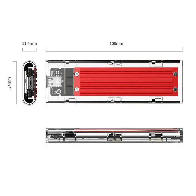 Alt view image 2 of 7 - WRIARICH M.2 SSD Enclosure USB 3.1 USB C to NVMe M.2 Adapter Transparent USB 3.1 Type C Gen 2 10Gbps to M-Key Hard Drive Caddy External Case for 2230/2242/2260/2280 Support UASP, Tool-Free -Red