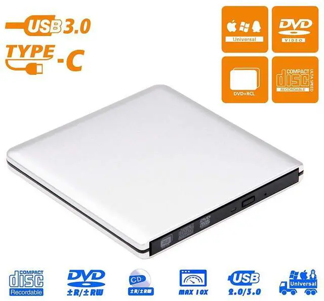 Main image of WRIARICH Aluminum External DVD Drive USB 3.0 USB C CD Burner CD/DVD +/-RW Optical Drive,Slim Portable DVD CD ROM Rewriter Writer Duplicator for Laptop Desktop PC Windows 10/8/7 MacBook Silver