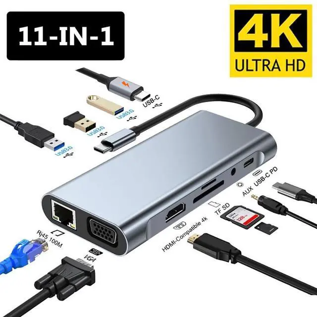 Main image of WRIARICH 11-in-1 USB Hub 4K HDMI, VGA, Gigabit, USB-C, 3*USB 3.0 Ports, 100W USB-C PD, 3.5mm Aux Ports, TF/SD for Versatile Connectivity USB C Hub Multiport Adapter for MacBook Pro & Air M1 M2