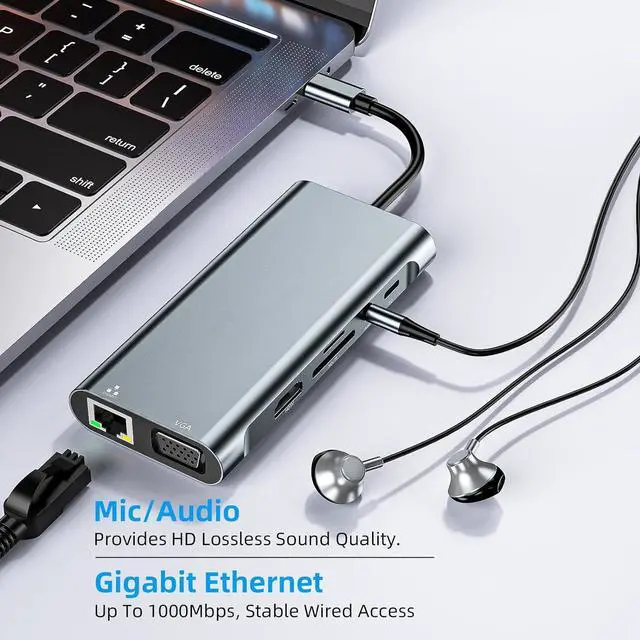Alt view image 5 of 7 - WRIARICH 11-in-1 USB Hub 4K HDMI, VGA, Gigabit, USB-C, 3*USB 3.0 Ports, 100W USB-C PD, 3.5mm Aux Ports, TF/SD for Versatile Connectivity USB C Hub Multiport Adapter for MacBook Pro & Air M1 M2
