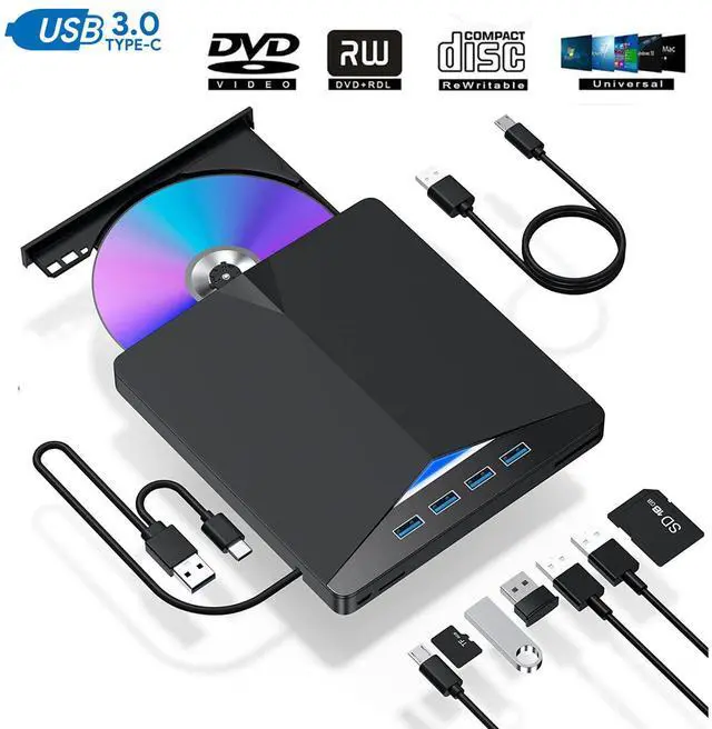 Main image of External DVD CD Drive , 7 -in-1 USB 3.0 Type-C Portable CD/DVD ROM +/-RW Drive/DVD Player Rewriter Burner with 4 USB3.0 Ports and TF SD Card Slots Compatible with Laptop Desktop PC Windows Apple Mac