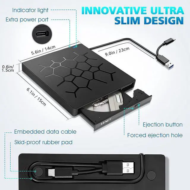 Alt view image 3 of 7 - External CD DVD Drive, USB 3.0 Type-C Portable CD/DVD /-RW Drive/DVD Optical Drive disc Player for Laptop with 4 USB Ports and 2 SD Card Slots Compatible with Mac Laptop Desktop PC Windows Linux OS