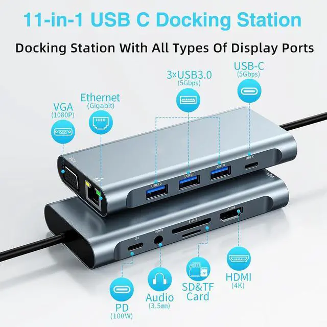 Alt view image 2 of 7 - WRIARICH Aluminum 11 in 1 USB C Docking Station Hub with 4K HDMI, VGA, Gigabit, 3*USB 3.0, USB-C Ports, 100W USB-C PD, 3.5mm Aux Ports, TF/SD for PC/Laptops/MacBook Pro/Air/iMac/iPad and More Devices