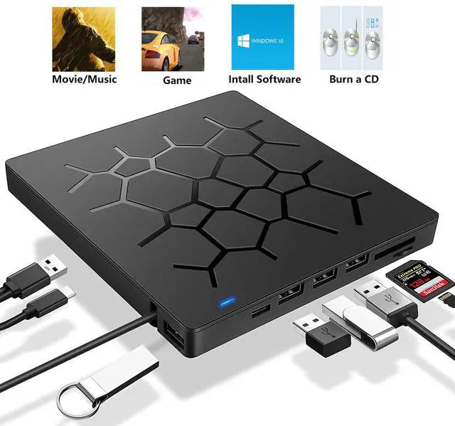 Main image of 7 -in-1 External DVD Drive for Laptop, Portable High-Speed USB-C&USB 3.0 CD Burner/DVD Reader Writer for PC Desktops, with 4 USB Ports and 2 SD Card Slots Compatible with Windows/Mac OSX/Linux