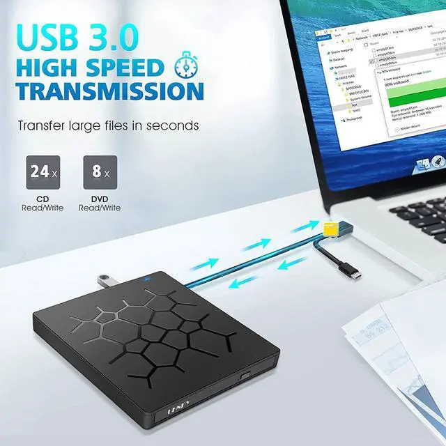 Alt view image 6 of 7 - 7 -in-1 External DVD Drive for Laptop, Portable High-Speed USB-C&USB 3.0 CD Burner/DVD Reader Writer for PC Desktops, with 4 USB Ports and 2 SD Card Slots Compatible with Windows/Mac OSX/Linux