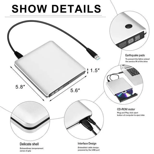 Alt view image 3 of 7 - WRIARICH Aluminum DVD Drive External cd/DVD Drive for Laptop Burner USB 3.0 Portable Slim with Type c Connector,for iMac Notebook Laptop Desktop Support Mac os Win 7 Win8 Win10, (XD058) Silver