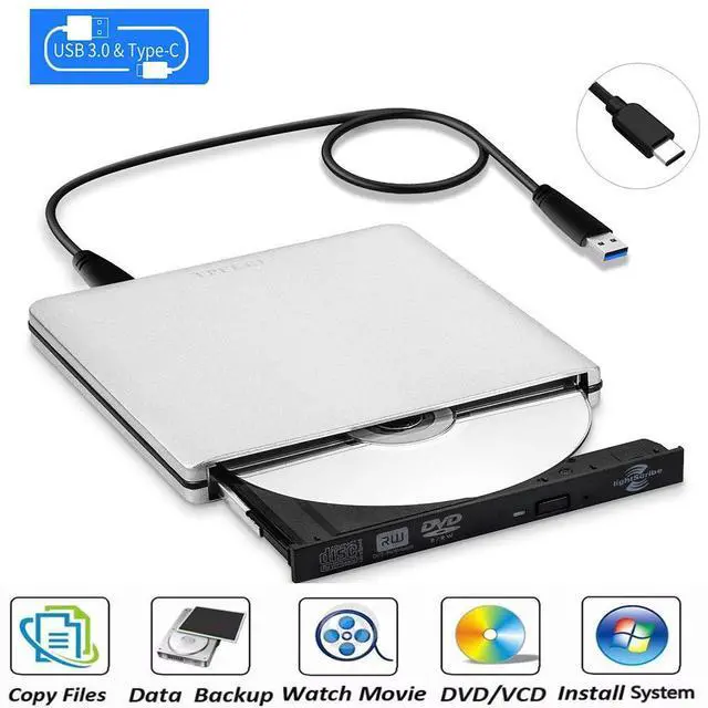 Main image of External DVD Drive,USB 3.0 Type C Slim Aluminum Portable CD DVD +/-RW Optical Drive Burner Writer Player for Windows 10 8 7 Laptop Computer Mac MacBook Pro Air iMac, Silver