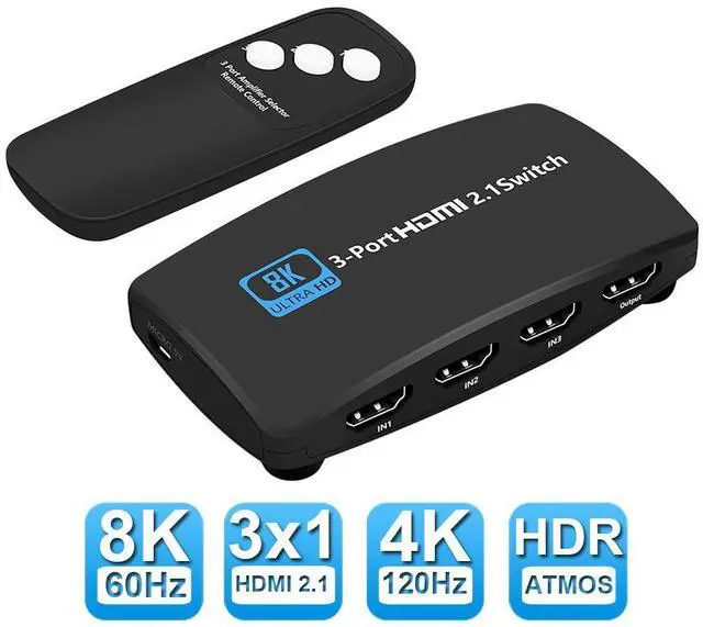 Main image of HDMI 2.1 Ultra HD 8K High Speed 48Gbps HDMI Switch 3in 1out with IR Remote 8K@60Hz 4K@120Hz Converter Compatible with Xbox PS5 Projectors Monitors