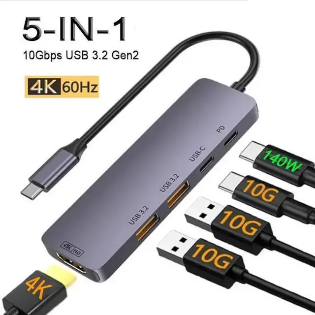 Main image of WRIARICH 5-Port USB 3.2 Hub, Ultra-Slim Data USB 3.2 Hub with 4K@60Hz HDMI, 140W Power Delivery, USB-C 3.2 and 2 USB-A 3.2 Ports, for MacBook, Mac Pro, Mac mini, iMac, XPS, PC, Flash Drive, Mobile HDD