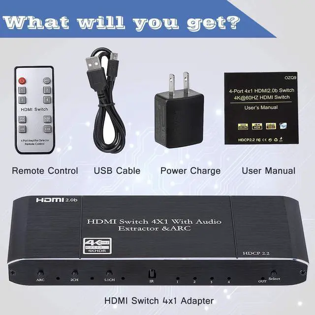 Alt view image 7 of 7 - HDMI Switch with Audio Extractor 4K 60Hz Optical + 3.5mm AUX + Coaxial Output, HDMI Switcher 4 in 1 Out HDMI Audio Splitter Converter IR Remote Support ARC HDCP2.2 1080P 3D Dobly Atmos,EDID,HDR10