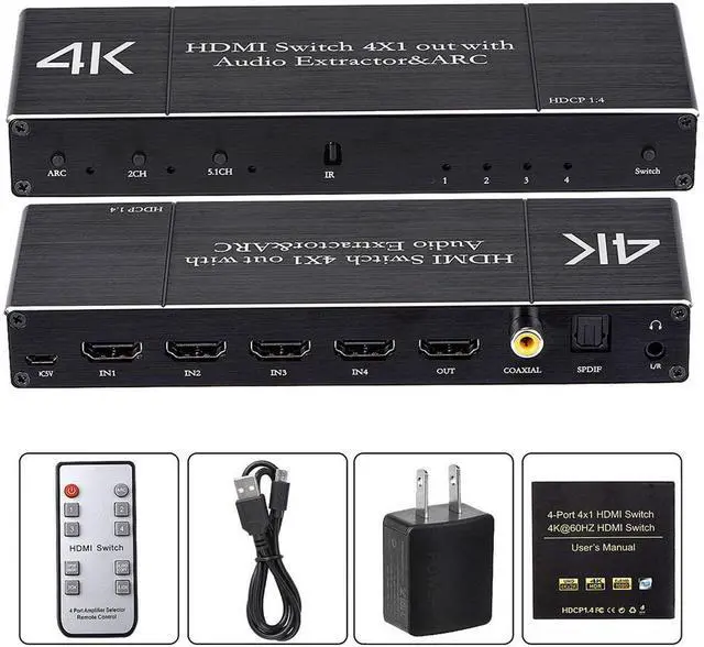 Alt view image 7 of 7 - 4K@60Hz HDMI Switch 4 in 1 Out with Audio Extractor, HDMI Switcher with Optical SPDIF + 3.5mm Audio + Coaxial, HDMI Audio Selector Switch Box with Remote Support HDR10 ARC 18Gbps HDCP2.2, OZQ7