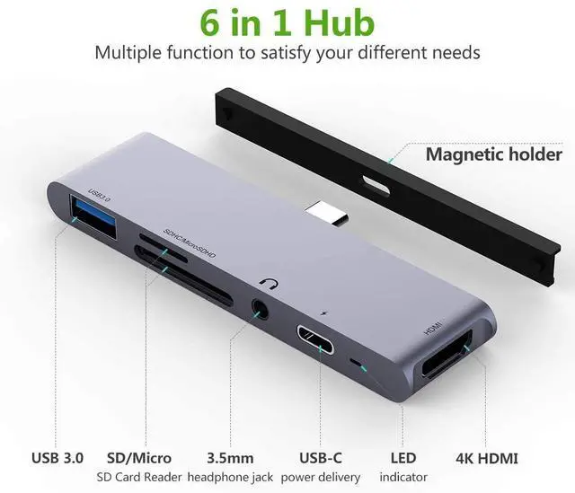 Alt view image 3 of 7 - WRIARICH USB C Hub for iPad Pro, PowerExpand Direct 6-in-1 USB C Adapter, with 60W Power Delivery, 4K@60Hz HDMI Port, 3.5mm Headphone Jack, USB 3.0 Port, SD and microSD Card Reader