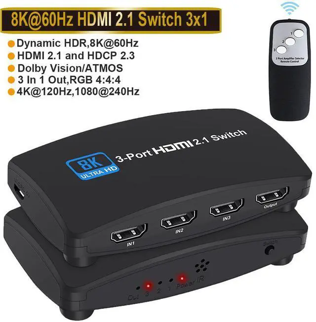 Main image of 8K 60Hz HDMI 2.1 Switch 3x1 4K 120Hz 48Gbps,HDCP 2.3,VRR, HDR ,HDMI Switcher 3 in 1 Out,3 Port HDMI Selector,IR Remote,for QLED TV,PS5,Xbox,Fire Stick,Roku,Blu Ray,Projector