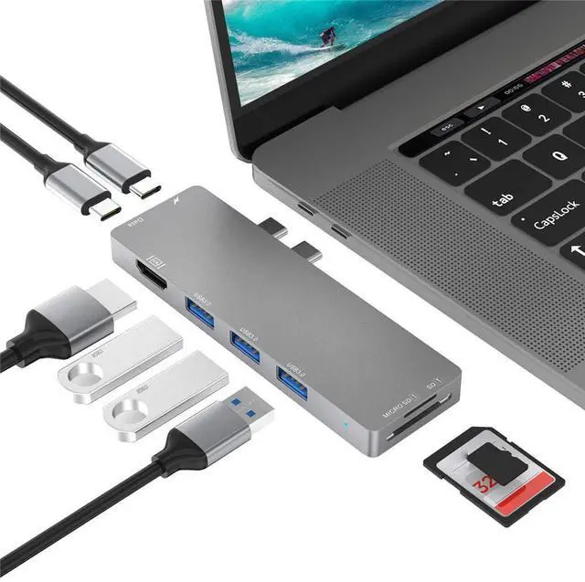 Main image of WRIARICH USB C Hub, Best Mac Type-C Dual Hub Adapter for MacBook Pro 2019 2018-2016 13" 15" 16" & MacBook Air, 8in2: USB-C 100W PD, Thunderbolt 3, 4K HDMI, microSD/SD Card Reader, 3xUSB 3.0