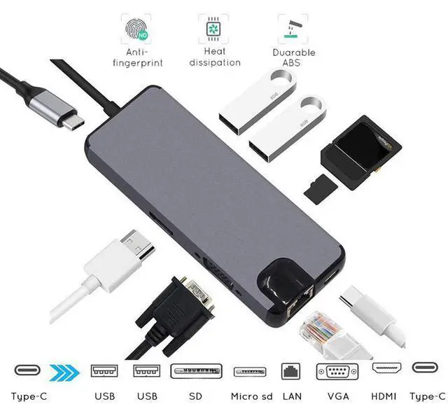 Main image of Multiport Adapter 8 in 1 USB C to HDMI 4K,Micro SD/TF Card Reader,VGA,USB 3.0,Enthernet,PD Charge Port,Type C UHD Digital Converter Hubs for MacBook 2017, USB C Thunderbolt 3 Compatible Device