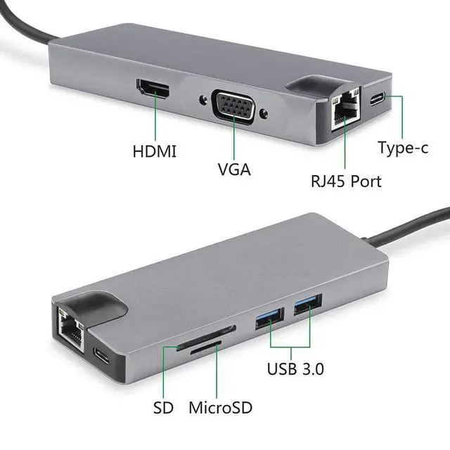 Alt view image 3 of 7 - Multiport Adapter 8 in 1 USB C to HDMI 4K,Micro SD/TF Card Reader,VGA,USB 3.0,Enthernet,PD Charge Port,Type C UHD Digital Converter Hubs for MacBook 2017, USB C Thunderbolt 3 Compatible Device