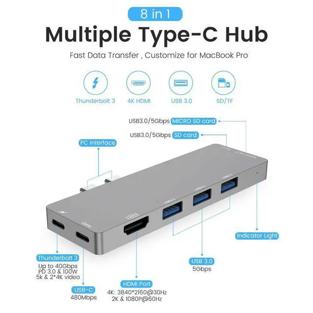 Alt view image 2 of 7 - WRIARICH USB C Hub 8 in 1 for MacBook Pro 2019 2018 2017 2016 1315 Dual Type C Hub Adapter with Thunderbolt 3, 100W Power Delivery, 4K HDMI, 3xUSB 3.0 Ports, SD&TF Card Reader