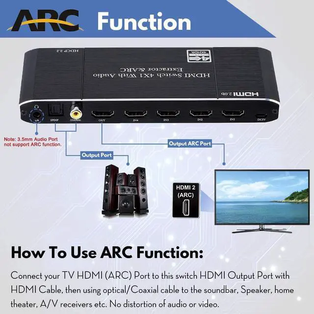 Alt view image 4 of 7 - 4x1 HDMI 2.0 4K 60Hz Switch with ARC & Audio Extractor, IR Remote Control, HDR 10, HDCP 2.2, , SPDIF, for PS4, Xbox, Apple TV and More