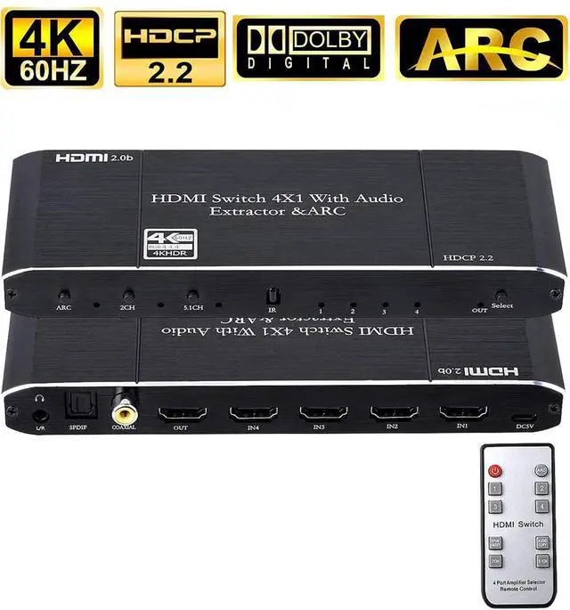 Main image of 4x1 HDMI 2.0 4K 60Hz Switch with ARC & Audio Extractor, IR Remote Control, HDR 10, HDCP 2.2, , SPDIF, for PS4, Xbox, Apple TV and More