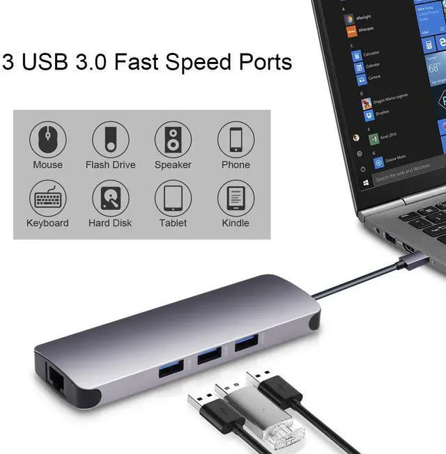 Alt view image 4 of 7 - USB C Hub, 9-In-1 Type C Hub with Ethernet Port, 4K USB C to HDMI, 3 USB 3.0 Ports, SD/TF Card Reader, 60W PD USB-C Power Delivery 3.5mm Audio Jack Portable for Mac Pro and Other Type C Laptop