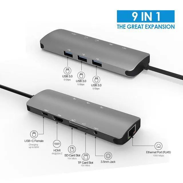 Alt view image 3 of 7 - USB C Multiport Hub, 9 in 1 USB Type C HDMI Adapter with HDMI 4K, Ethernet, 3 USB 3.0, USB-C PD Charging Port, Audio/Mic, SD TF Card Reader for MacBook Pro and More