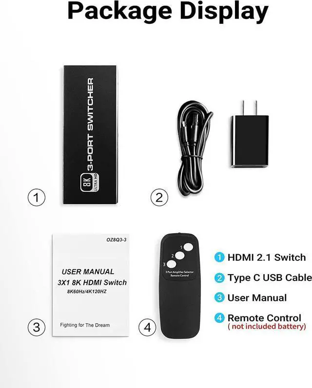 Alt view image 7 of 7 - 8K HDMI 2.1 Switch 4K 120Hz 3 in 1 Out, 8K@60Hz HDMI 2.1 Splitter Switcher Selector Box 4-Port with Remote 4K 120Hz 2K 144Hz, HDMI 3x1 HDR, 48Gbps, CEC, Dolby Vision, for Xbox Series X PS5