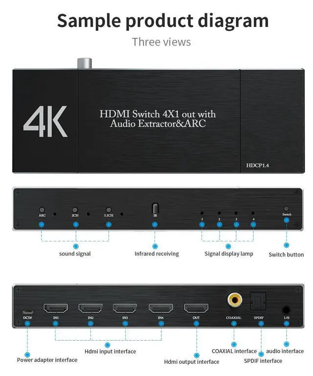 Alt view image 2 of 7 - HDMI Switch Audio Extractor, HDMI Switch Splitter 4 Inputs 1 Output with Remote 4K@60hz, 4-Port HDMI2.0b Switcher Box with Optical Toslink SPDIF+Coaxial+3.5mm Audio Out, OZQ7