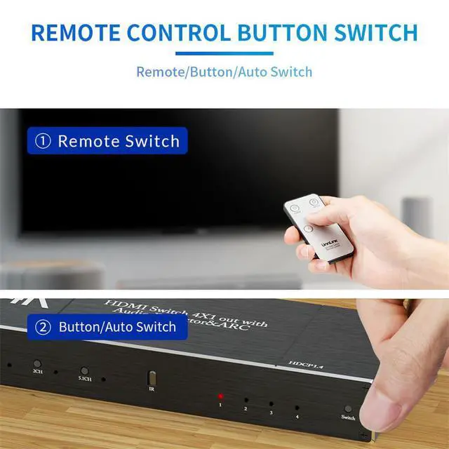 Alt view image 4 of 7 - HDMI Switch Audio Extractor, HDMI Switch Splitter 4 Inputs 1 Output with Remote 4K@60hz, 4-Port HDMI2.0b Switcher Box with Optical Toslink SPDIF+Coaxial+3.5mm Audio Out, OZQ7