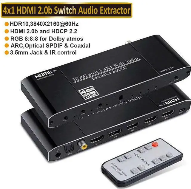 Main image of 4K 60Hz 4 in 1 Out HDMI Switch Audio Extractor Converter- 4port HDMI to HDMI + Optical + 3.5mm AUX + Coaxial Output, Support ARC HDCP2.2 1080P 3D Dobly Atmos,EDID,HDR10 for Xbox, Fire Stick, PS5