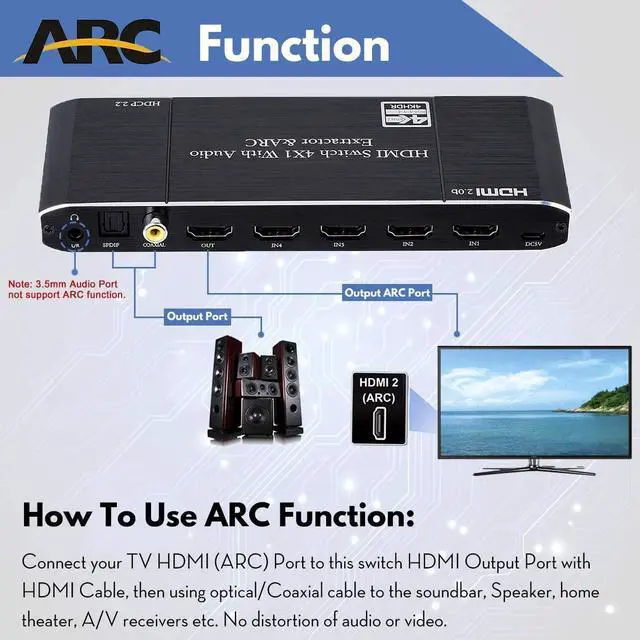 Alt view image 4 of 7 - 4K 60Hz 4 in 1 Out HDMI Switch Audio Extractor Converter- 4port HDMI to HDMI + Optical + 3.5mm AUX + Coaxial Output, Support ARC HDCP2.2 1080P 3D Dobly Atmos,EDID,HDR10 for Xbox, Fire Stick, PS5