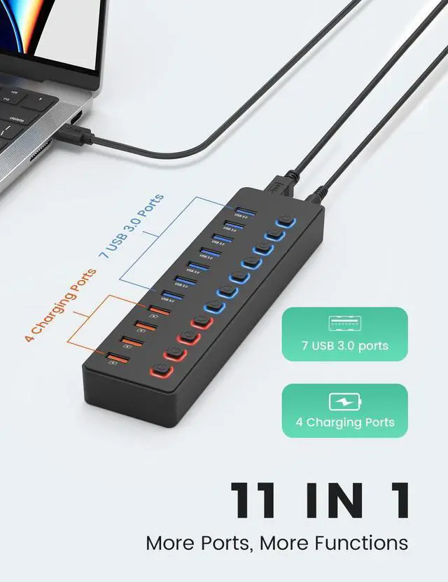 Alt view image 2 of 7 - 11-Port USB 3.0 Hub with 7 Port USB 3.0 Ports, 4 Smart Charging Ports, USB Splitter with Individual On/Off Switches and 12V/3A Power Adapter