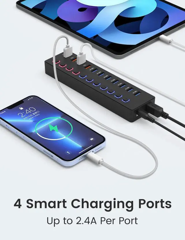 Alt view image 3 of 7 - Powered USB Hub, 11 Port 36W USB Hub 3.0 with 7*USB 3.0 Faster Data Transfer Ports + 4* Smart Charging Port, Individual On/Off Switches, 12V DC Power Adapter for Laptops, PC