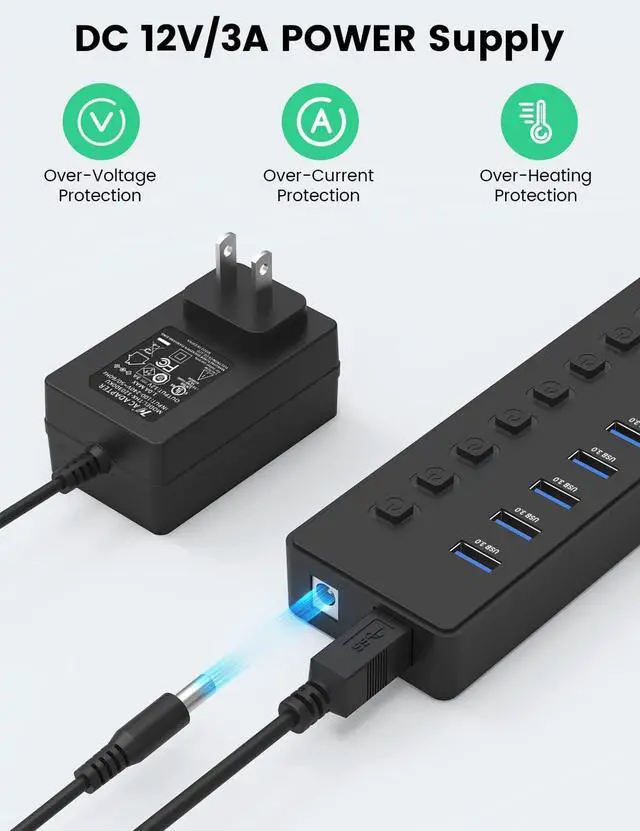 Alt view image 6 of 7 - Powered USB Hub, 11 Port 36W USB Hub 3.0 with 7*USB 3.0 Faster Data Transfer Ports + 4* Smart Charging Port, Individual On/Off Switches, 12V DC Power Adapter for Laptops, PC
