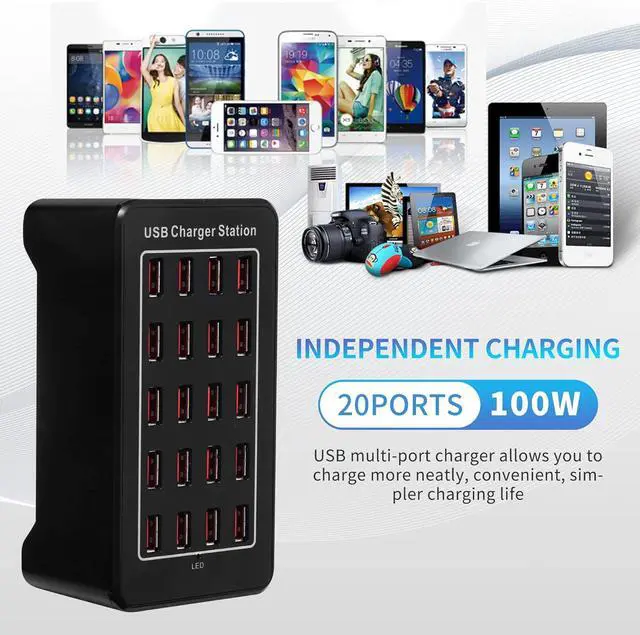 Alt view image 4 of 7 - 100w 20(20A) Port, USB Fast Charging Station,Travel Desktop USB Rapid Charger,Multi Ports Charging Station Organizer Compatible with Smartphones,Tables,and More Devices - Black