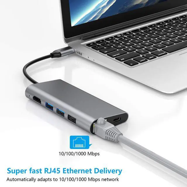 Alt view image 6 of 7 - USB C Hub HDMI Adapter, 8 in 1 Type C Hub to HDMI 4k,1000M Ethernet, 3 USB 3.0 Ports,60W Power Delivery,SD/TF Card Readers Compatible with MacBook Pro 13/15(Thunderbolt 3),2018 Mac Air,Chromebook