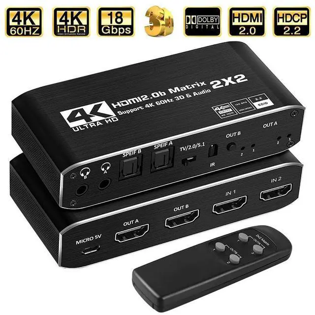 Main image of 2x2 HDMI Matrix Switch Up to 4K 60Hz RGB 8:8:8, HDR, HDMI 2.0, HDCP 2.2/1.4, Auto Downscaling, IR Remote, 2xSPDIF Audio, 2x3.5mm L/R Audio, 2 in 2 Out Video (OZJ6)