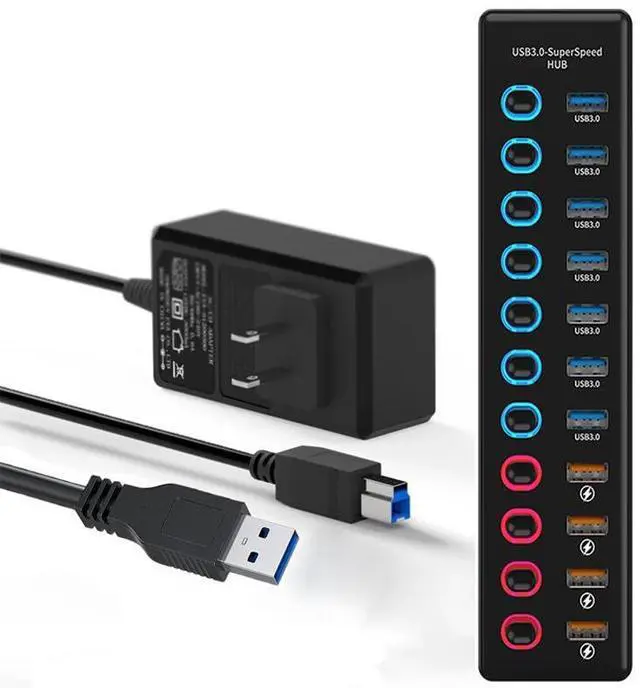 Main image of 11-Port USB A Data Hub with 36W Power Adapter, 7 Faster Data Transfer Ports + 4 Smart Charging Ports, Individual On/Off Switches, 12V/3A DC Power Adapter for Laptops, PC