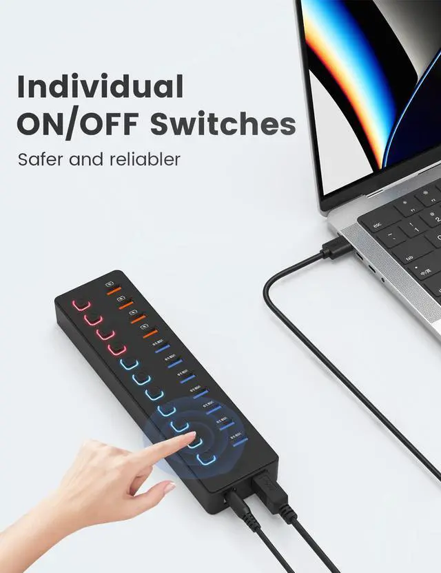 Alt view image 5 of 7 - 11-Port USB A Data Hub with 36W Power Adapter, 7 Faster Data Transfer Ports + 4 Smart Charging Ports, Individual On/Off Switches, 12V/3A DC Power Adapter for Laptops, PC