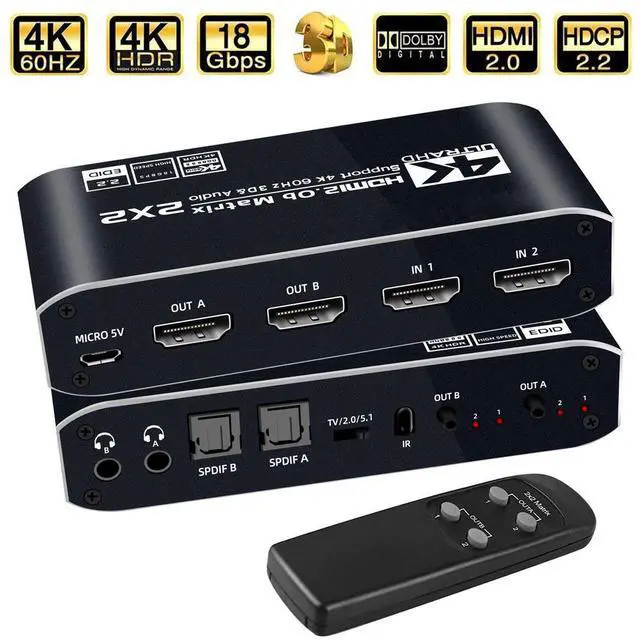 Main image of 4K HDMI Matrix Switch 2 X 2, Switcher with Audio Extractor UltraHD Supports Up to 4K @ 60Hz IR EDID HDCP 2.2 HDR10,2xSPDIF Audio, 2x3.5mm L/R Audio - Remote Control (OZJ6)