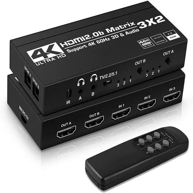 Main image of 3 in 2 Out HDMI Matrix,4K@60Hz 3x2 HDMI Matrix Switch with IR Remote Control, Support HDMI 2.0b, HDCP2.2, HDR10, Ultra HD, 3D