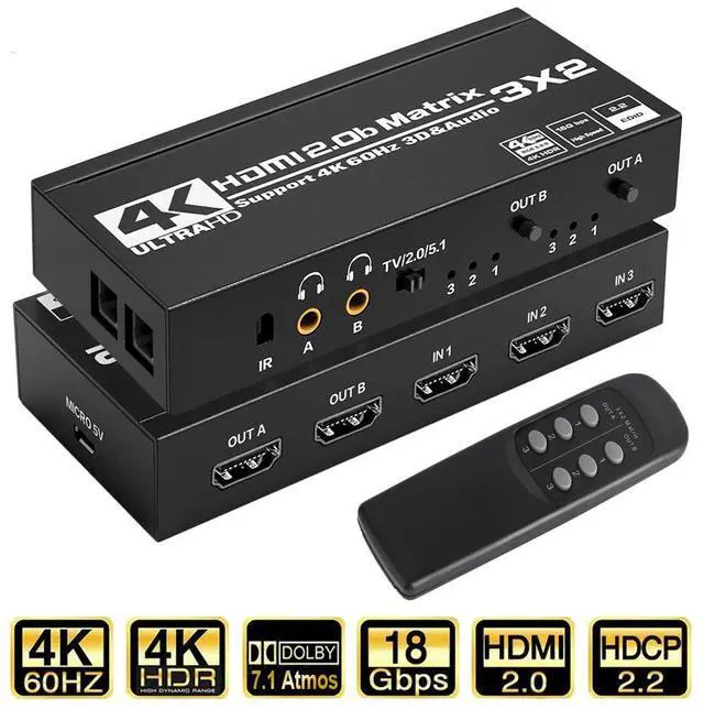 Main image of 4K HDMI Matrix Switch 3 X 2, Switcher with Audio Extractor UltraHD Supports Up to 4K @ 60Hz IR EDID HDCP 2.2 HDR10,2xSPDIF Audio, 2x3.5mm L/R Audio - Remote Control (OZJ5)
