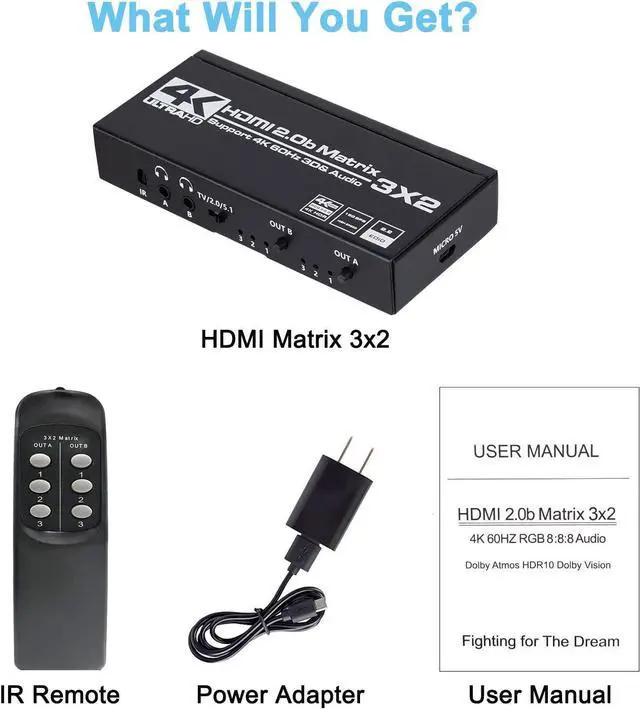 Alt view image 7 of 7 - 4K HDMI Matrix Switch 3 X 2, Switcher with Audio Extractor UltraHD Supports Up to 4K @ 60Hz IR EDID HDCP 2.2 HDR10,2xSPDIF Audio, 2x3.5mm L/R Audio - Remote Control (OZJ5)