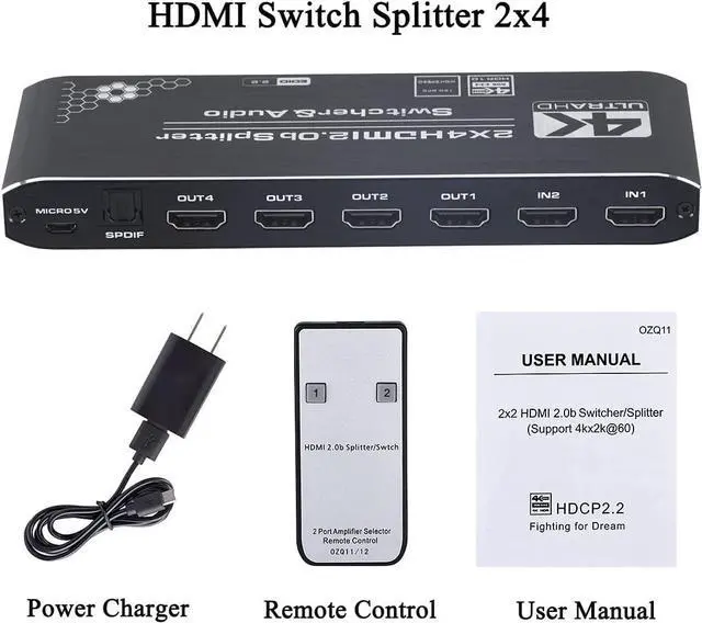 Alt view image 7 of 7 - 4K 60Hz 2 x 4 HDMI Switch Splitter Audio Extractor with IR Remote Control HDMI 2.0b Switcher Support 18Gbps 4K x 2K 3D HDCP 2.2 HDMI Splitter Hub Port Switches for PS4 Xbox Apple TV Fire