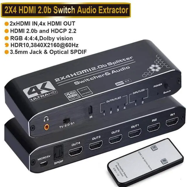Main image of 4K@60Hz 2x4 HDMI Switch Splitter Audio Extractor with Optical Toslink SPDIF/3.5mm Audio Out, 4 Ports HDMI 2.0b Switcher with Remote Control Support HDCP 2.2, HDMI2.0b, 4K@60HZ, RGB4:4:4, 4K HDR