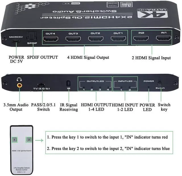 Alt view image 2 of 7 - 4K@60Hz 2x4 HDMI Switch Splitter Audio Extractor with Optical Toslink SPDIF/3.5mm Audio Out, 4 Ports HDMI 2.0b Switcher with Remote Control Support HDCP 2.2, HDMI2.0b, 4K@60HZ, RGB4:4:4, 4K HDR