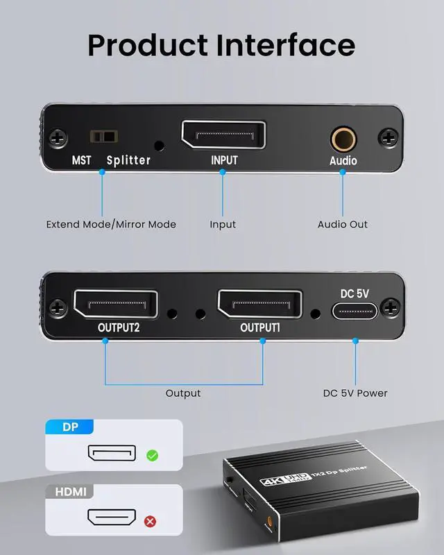 Alt view image 2 of 7 - WRIARICH DisplayPort to Dual Display Port Splitter, 4K@144Hz Display Port Adapter with Audio Extractor, 4K@120Hz 60Hz DP Splitter 1 in 2 Out Support Mirror/Extend Mode(MST)